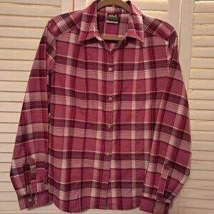 JACK WOLFSKIN AT HOME OUTDOORS PINK PURPLE PLAID BUTTON FRONT SHIRT LARGE